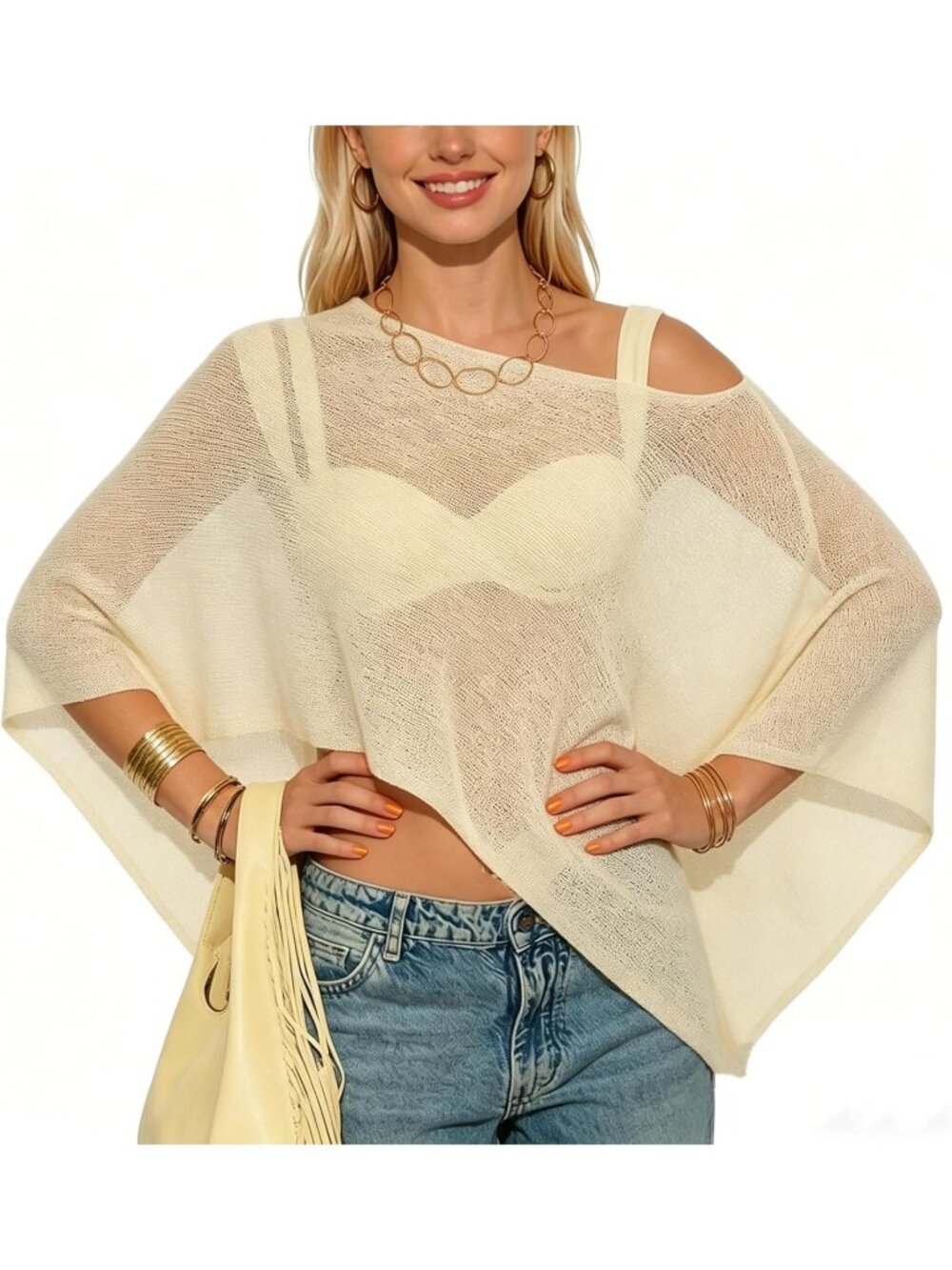 Women's Sheer Yellow Lightweight Knit Crochet Shrug Bolero Mesh Batwing Cover Up
